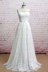 Long A-line Floor Length Lace Tulle Wedding Dress