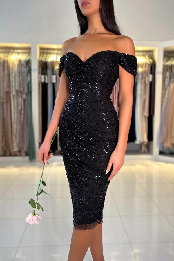 Black Short Mermaid Off the Shoulder Sequined Formal Party Dresses