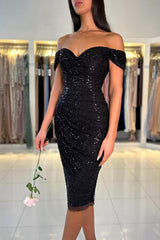 Black Short Mermaid Off the Shoulder Sequined Formal Party Dresses