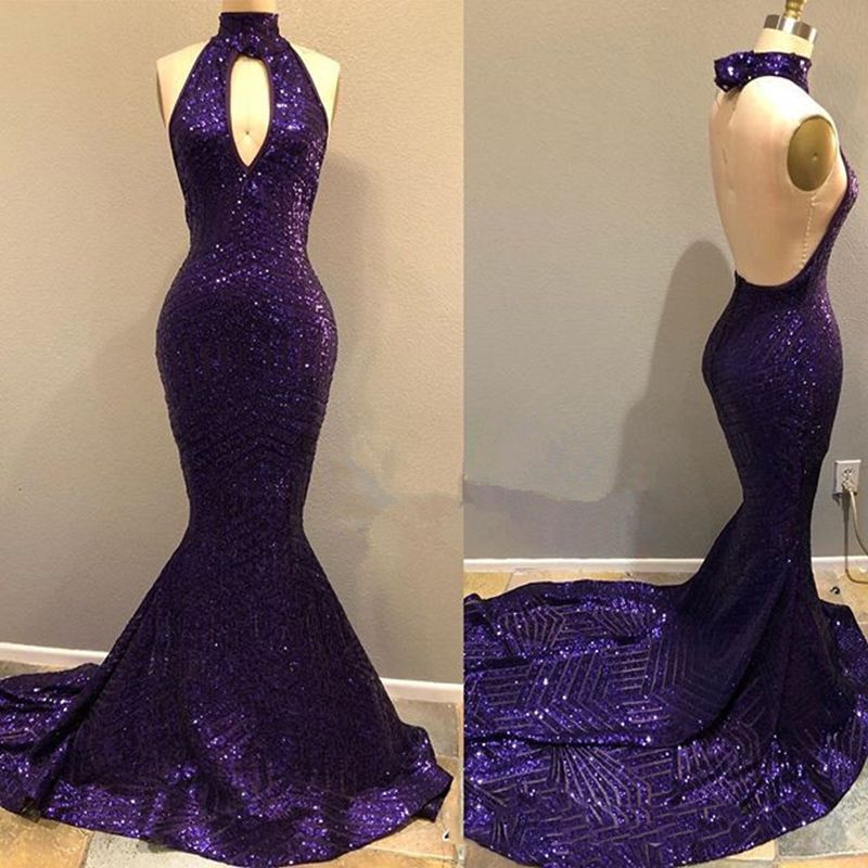 Long Sequins Keyhole Neckline Mermaid Open Back Prom Dress