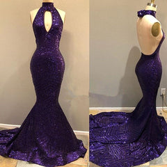 Long Sequins Keyhole Neckline Mermaid Open Back Prom Dress