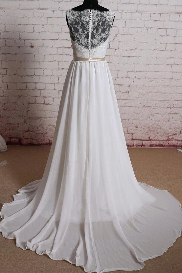 Elegant Long Sweetheart Lace Chiffon A-line Wedding Dress
