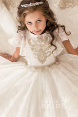 Long Scoop Neck Short Sleeves Ball Gown Flower Girl Dress