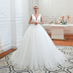 Long A-Line Tulle Wide Straps Deep V-neck Floor Length Wedding Dress