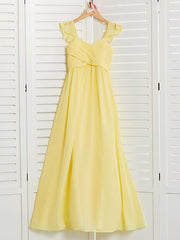 Long A-Line Square Neck Floor Length Chiffon Junior Bridesmaid Dress With Ruffles