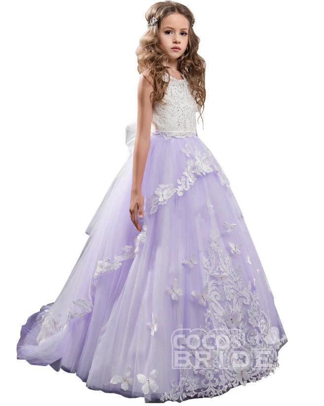 Long Tulle Lace Scoop Neck Sleeveless Ball Gown Flower Girl Dress