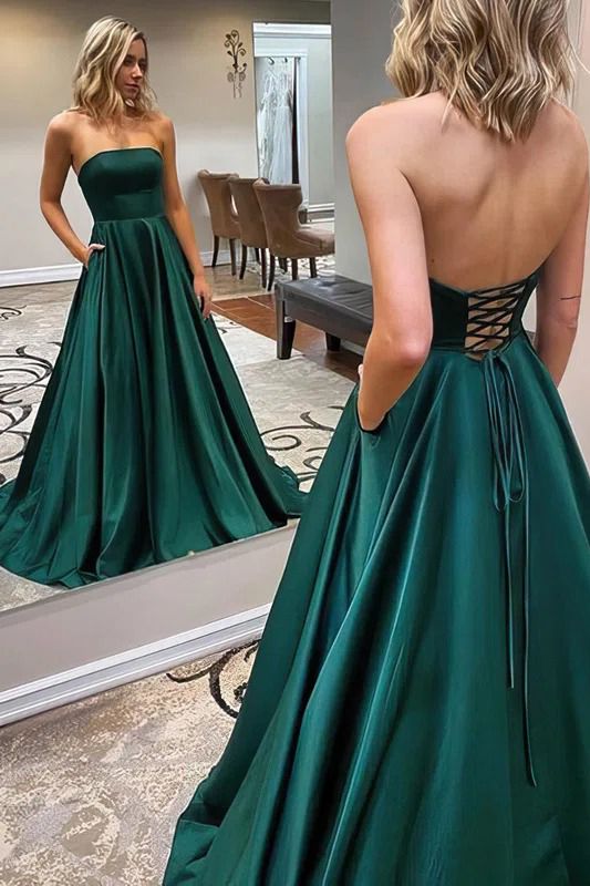 Long A-Line Strapless Backless Satin Prom Dress With Pockets