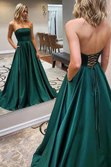Long A-Line Strapless Backless Satin Prom Dress With Pockets