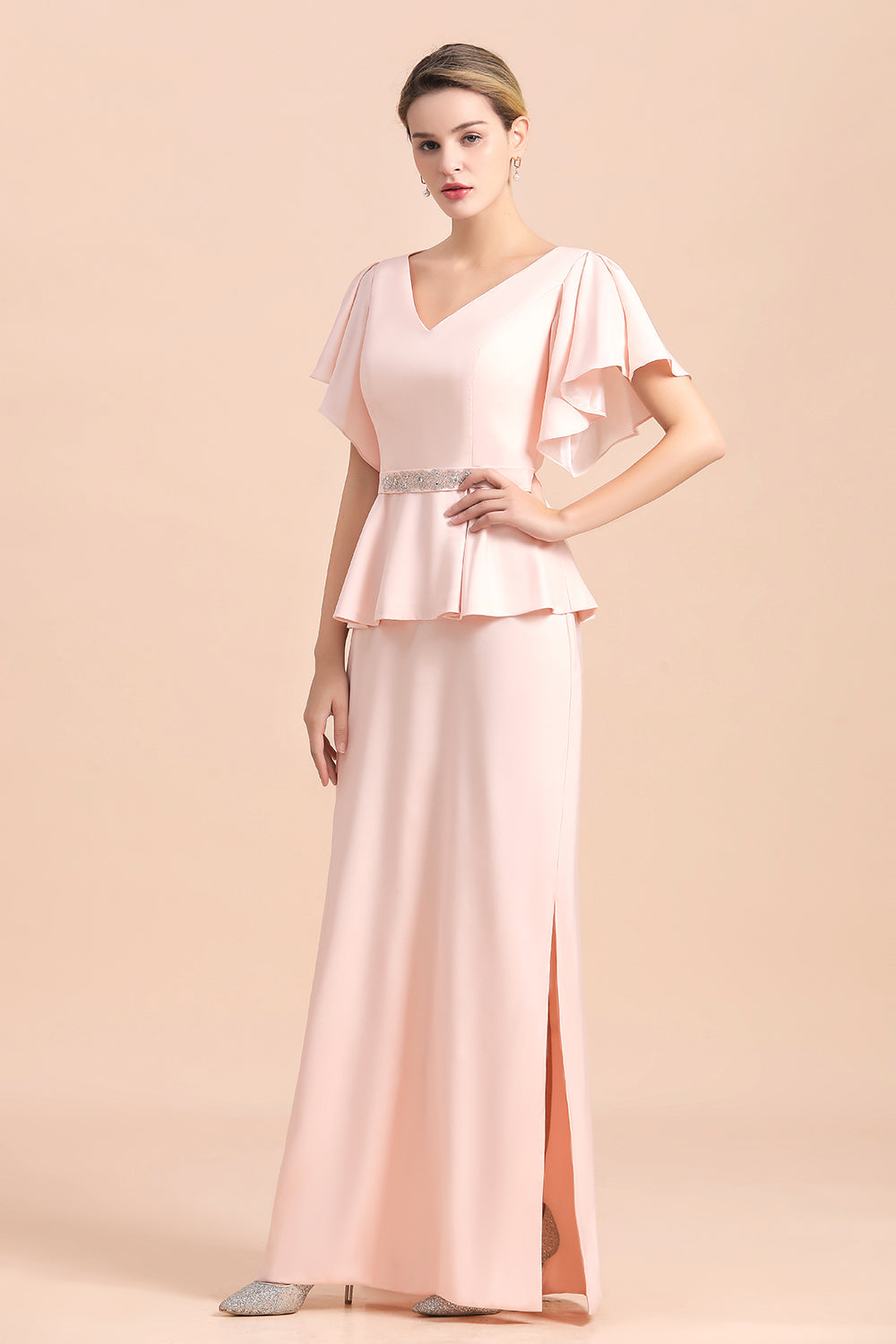 Glamorous V-Neck Beadings Satin Pink Mother of Bride Dresses