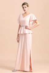 Glamorous V-Neck Beadings Satin Pink Mother of Bride Dresses