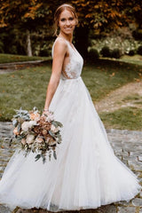 Stunning Long V-neck A-Line Open Back Tulle Floor Length Floral Wedding Dress