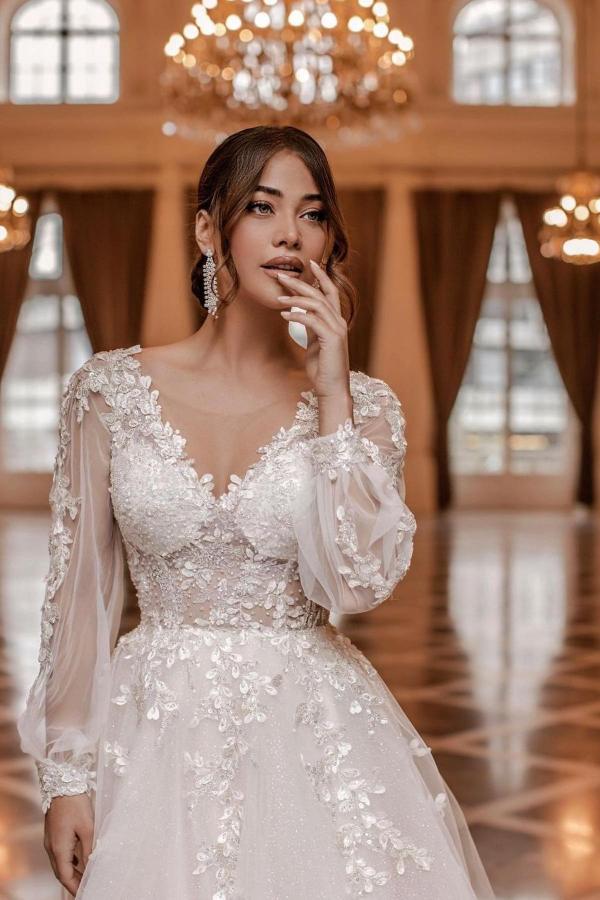 Charming V-neck Long Sleeves A-Line Chapel Train Wedding Dress with Appliques