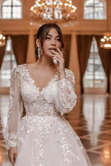 Charming V-neck Long Sleeves A-Line Chapel Train Wedding Dress with Appliques