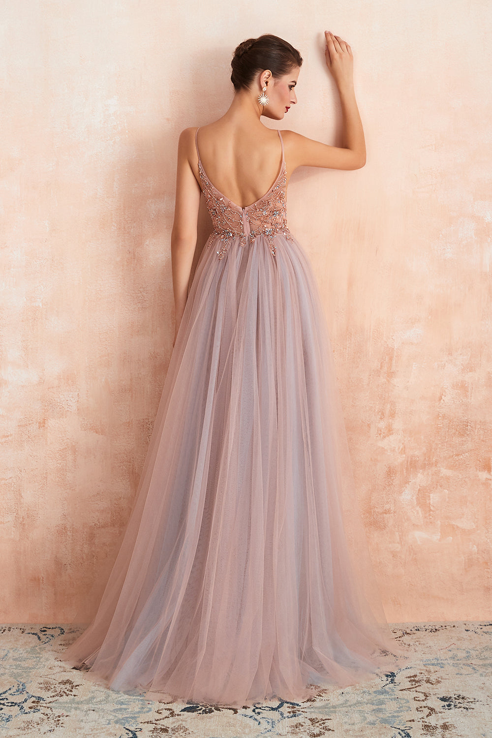 Long V-neck Tulle Beaded A-line Prom Dress with Slit
