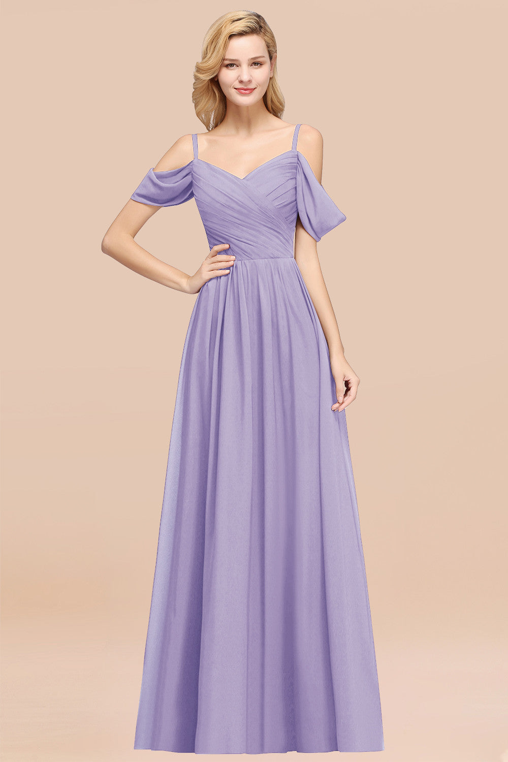 A-Line Chiffon V-Neck Spaghetti Straps Short Sleeves Floor Length Bridesmaid Dresses with Ruffles