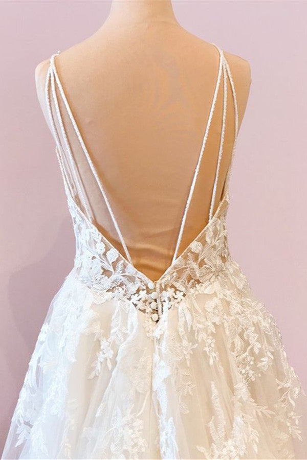 Long Sweetheart Spaghetti Straps A-Line Tulle Floor Length Wedding Dress