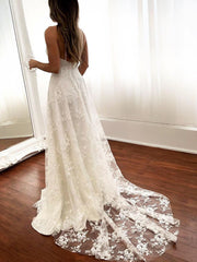 Long A-Line Sweetheart Spaghetti Strap Tulle Lace Wedding Dresses with Slit