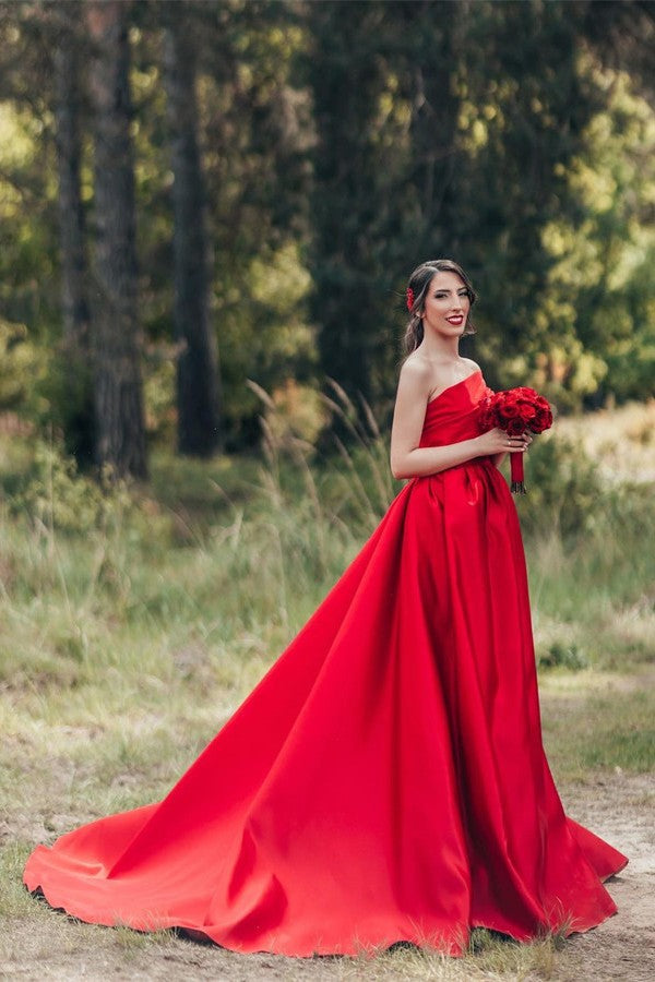 Beautiful Red Long A-line One Shoulder Satin Wedding Dresses