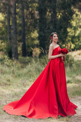 Beautiful Red Long A-line One Shoulder Satin Wedding Dresses