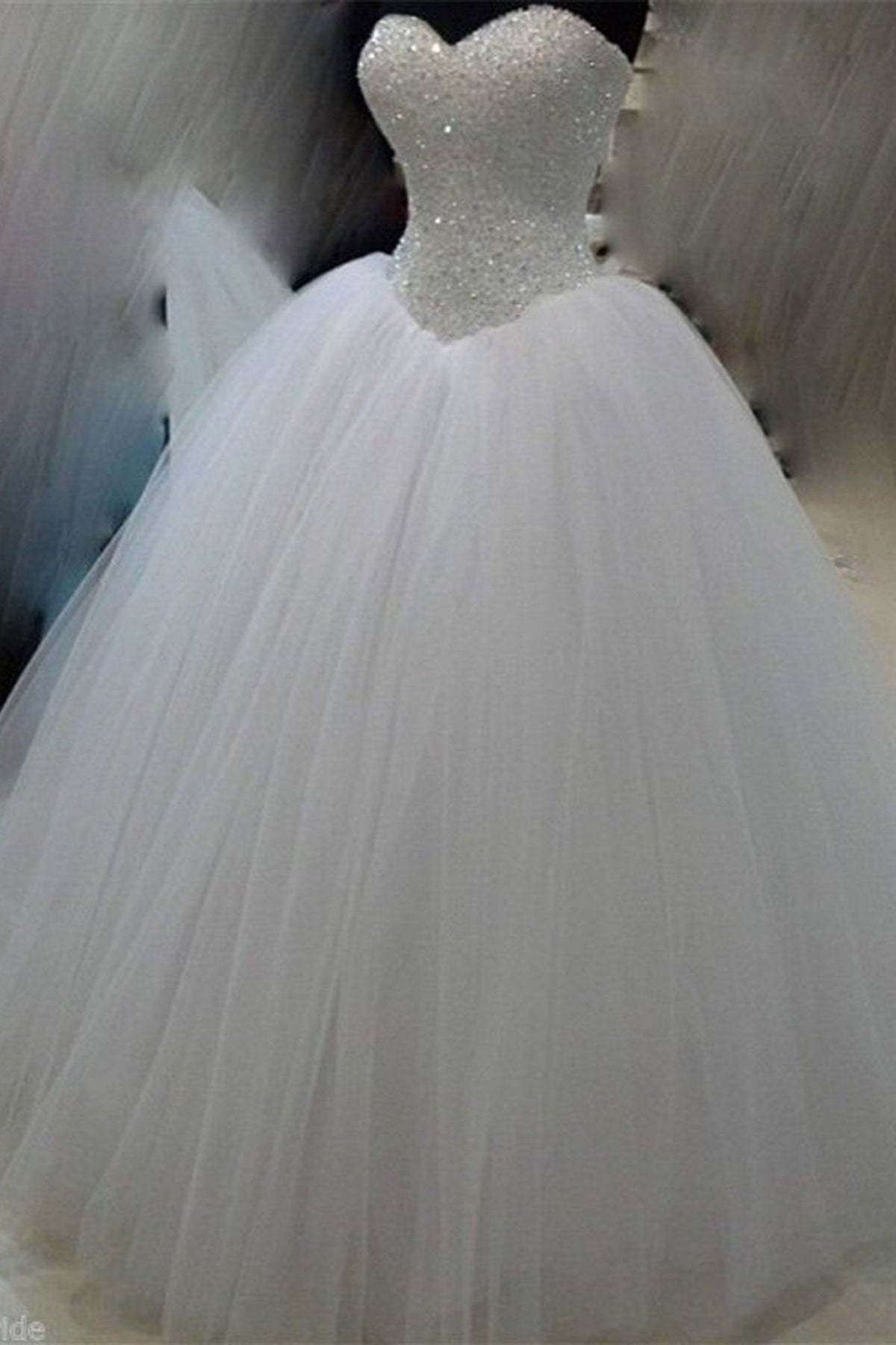 White Long Ball Gown Tulle Sweetheart Sequins Beading Wedding Dress