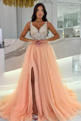 Long Spaghetti Straps A-Line Tulle V-Neck Prom Dress with Split Front