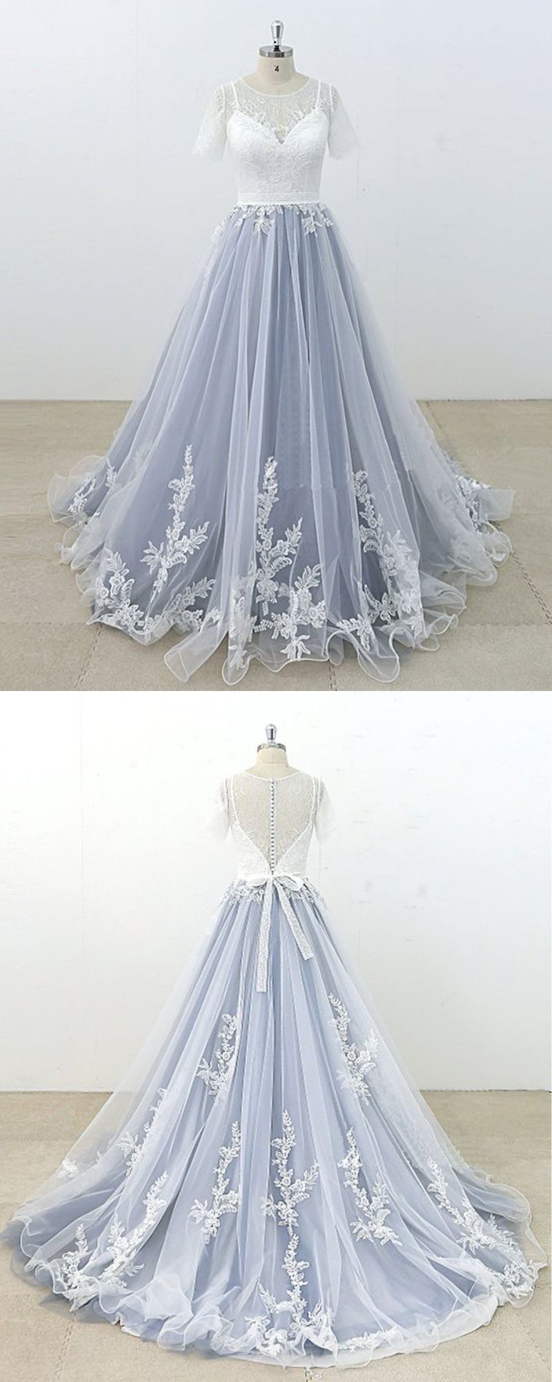 Blue Gray Tulle Long A-line Lace Short Sleeve Beach Wedding Dress