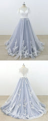 Blue Gray Tulle Long A-line Lace Short Sleeve Beach Wedding Dress