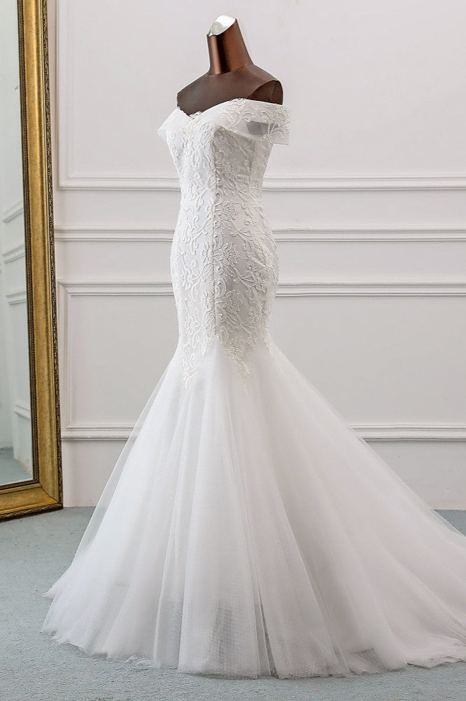 Long Mermaid Tulle Lace Off the Shoulder Lace-up Wedding Dress