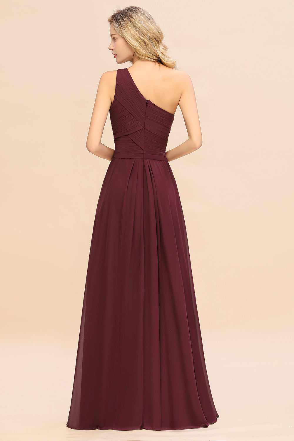 Elegant Burgundy A-line Chiffon Ruffles One Shoulder Long Bridesmaid Dress