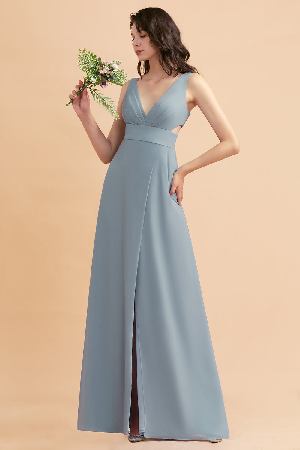 Simple V-neck A-Line Wide Straps Floor Length Chiffon Bridesmaid Dress With Side Slit