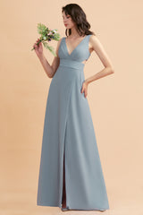 Simple V-neck A-Line Wide Straps Floor Length Chiffon Bridesmaid Dress With Side Slit