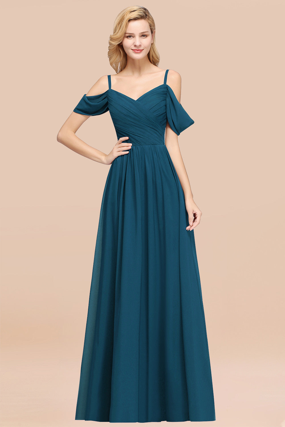 A-Line Chiffon V-Neck Spaghetti Straps Short Sleeves Floor Length Bridesmaid Dresses with Ruffles