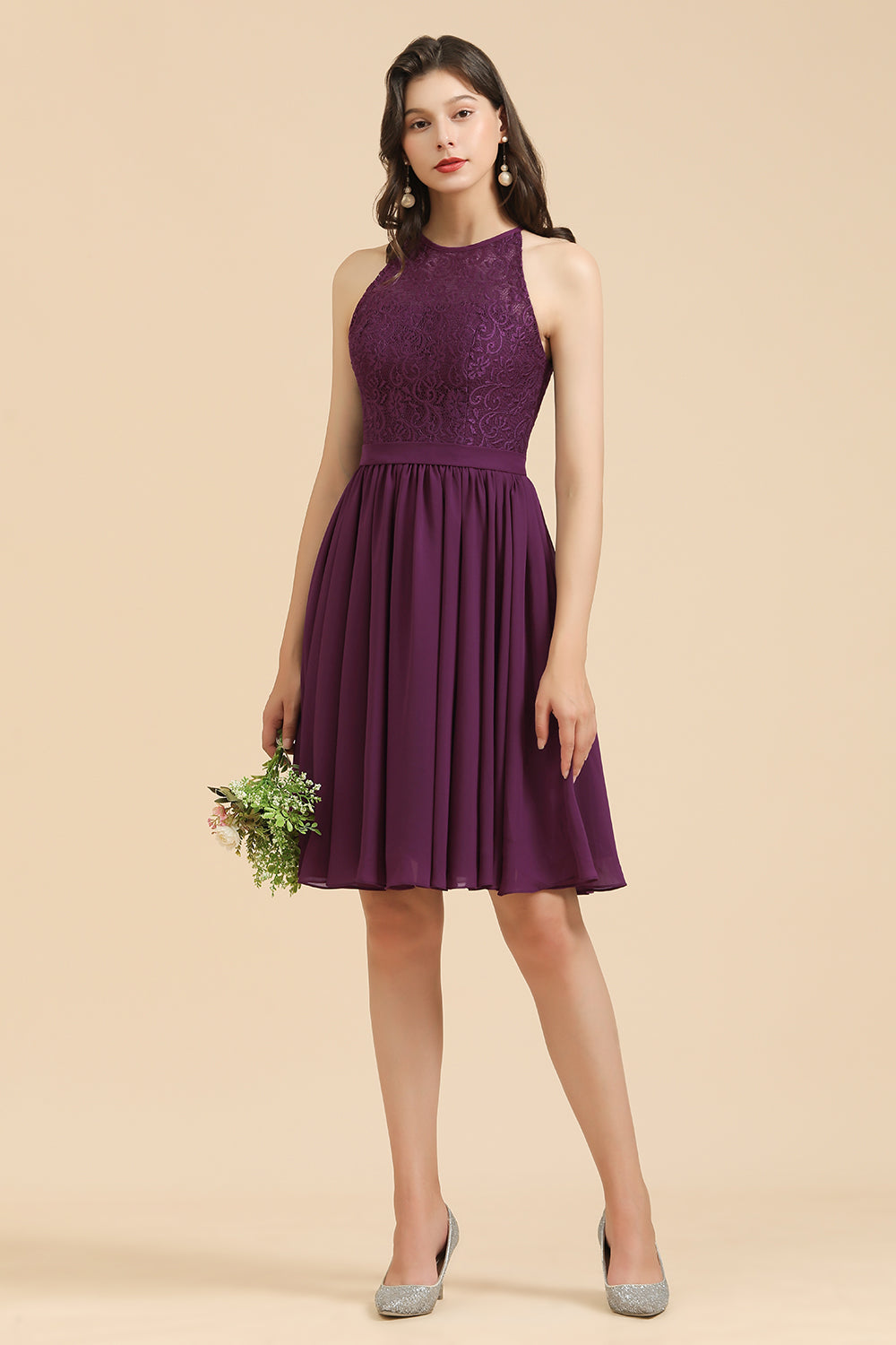 Short A-line Halter Lace Chiffon Wedding Party Dress