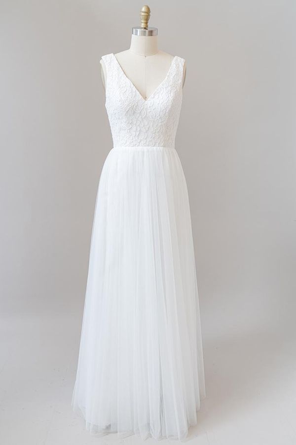 Long Open Back V-neck Lace Tulle A-line Wedding Dress