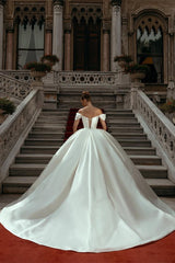 Elegant Long Ball Gown Off the Shoulder Satin Wedding Dress