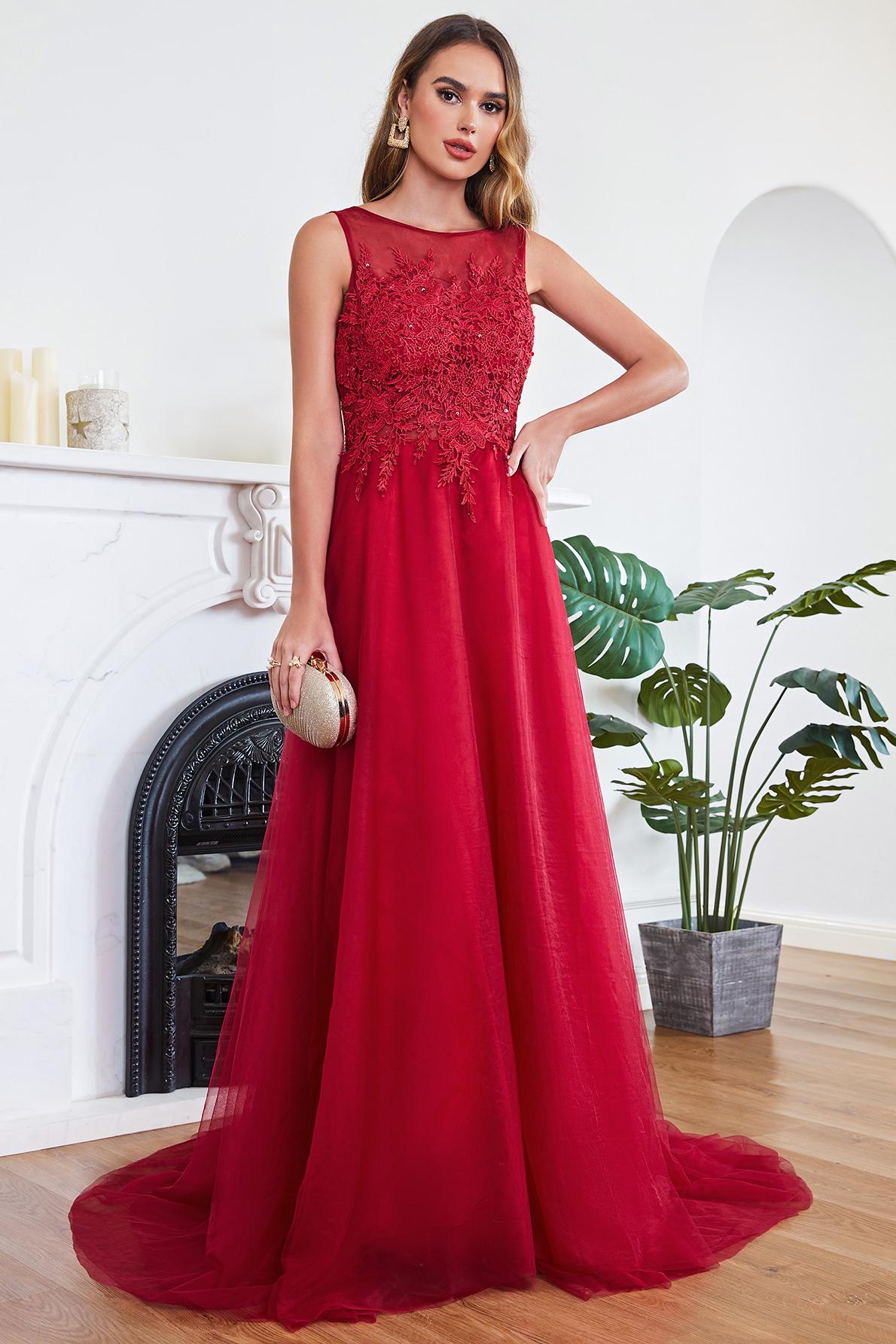 A-line Long Sleeveless Scoop Neck Tulle Lace Appliques Formal Evening Dress