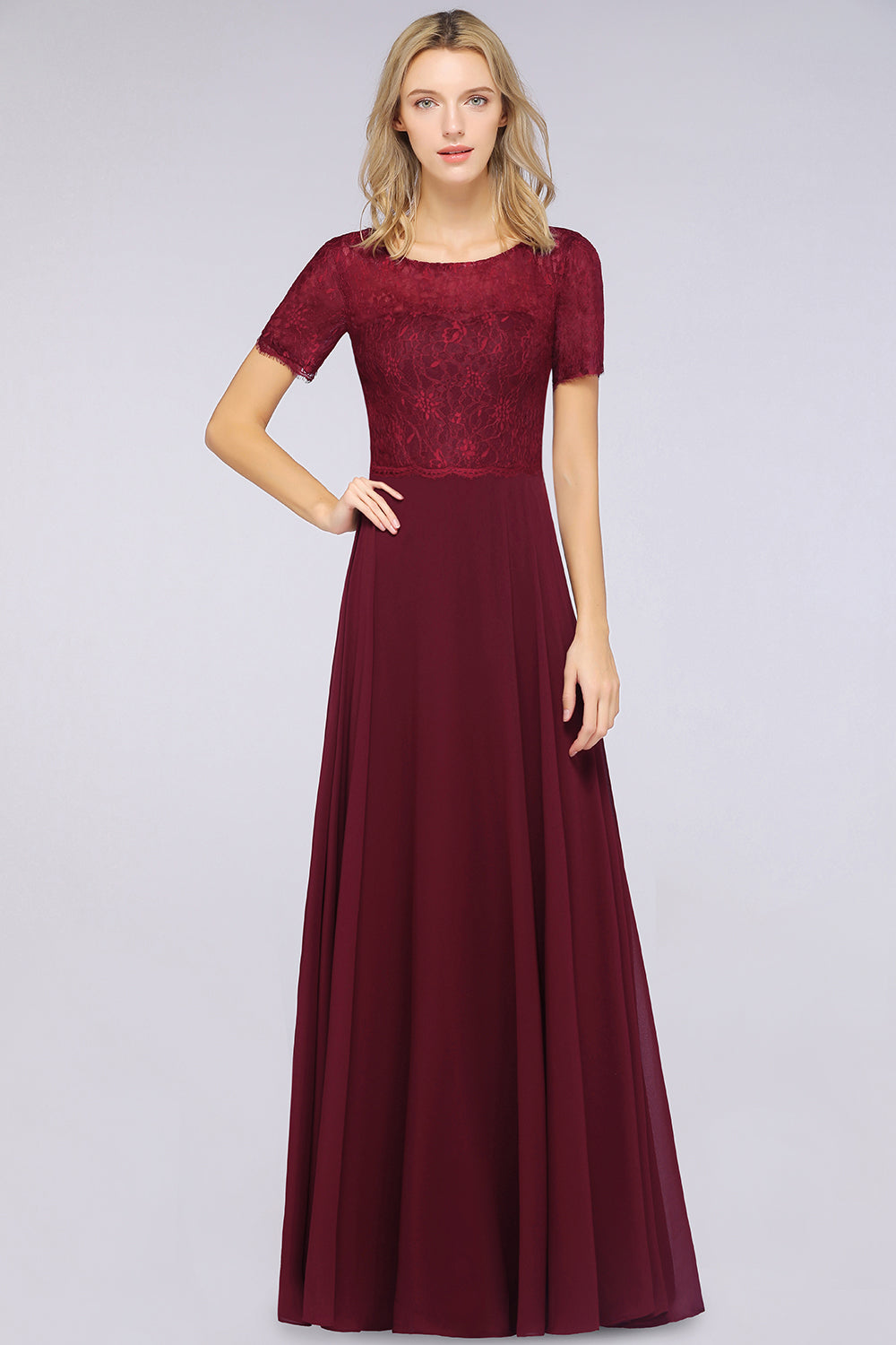 A-Line Chiffon Lace Round-Neck Short Sleeves Floor Length Bridesmaid Dress