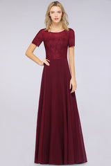A-Line Chiffon Lace Round-Neck Short Sleeves Floor Length Bridesmaid Dress