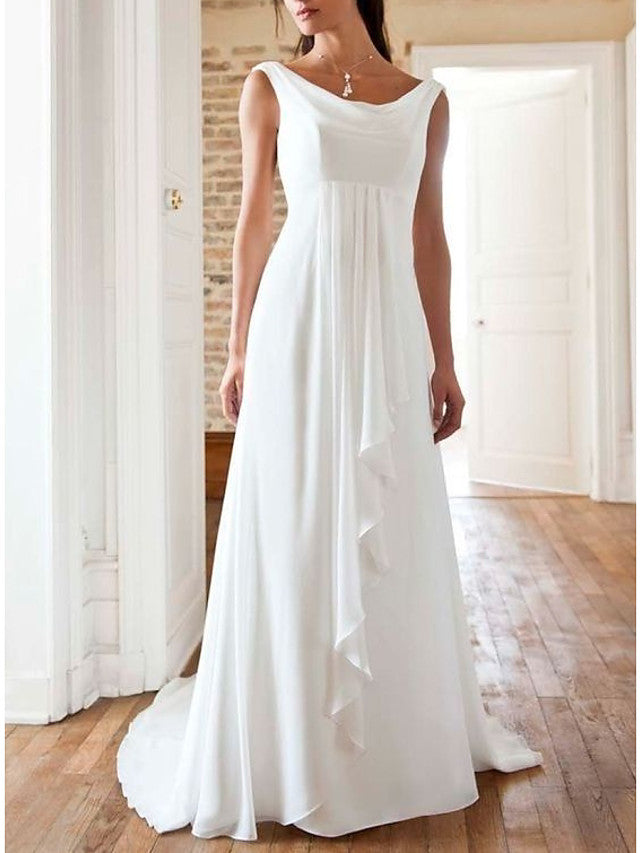 Long A-Line Jewel Neck Chiffon Sleeveless Beach Wedding Dresses