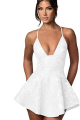 Short A-line Halter V-Neck Ruched Saitn Mini Backless Homecoming Dress