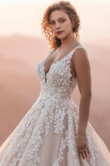 Long Open Back Tulle Appliques Lace A-Line Wedding Dress with Ruffles