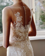 Classy Long Bateau Appliques Lace Floor Length Mermaid Wedding Dress