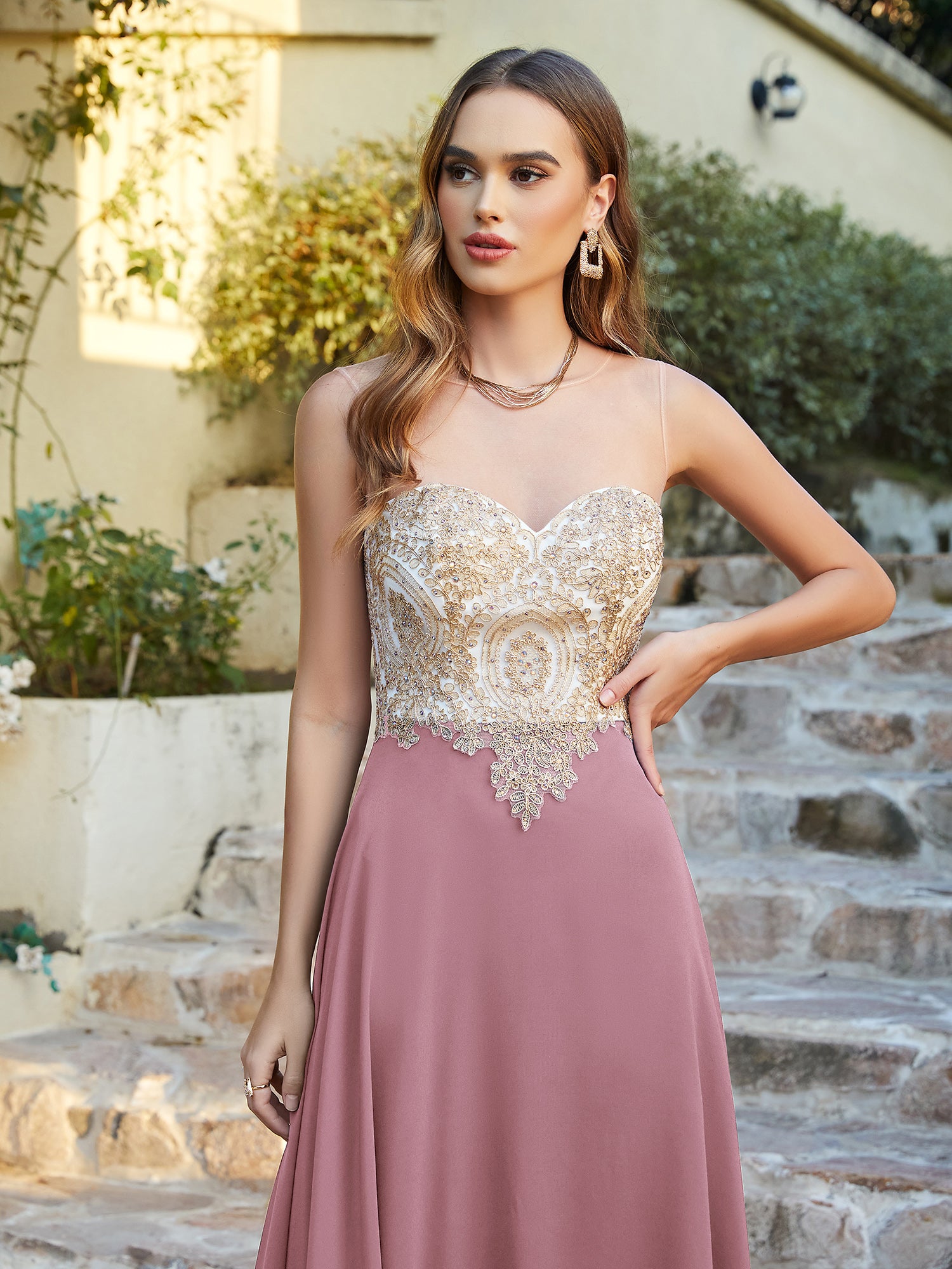 Elegant Long A-line Chiffon Sleeveless Tulle Lace Appliques Prom Dress