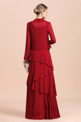 Elegant Burgundy Ruffles Chiffon Mother of the Bride Dress With Jacket