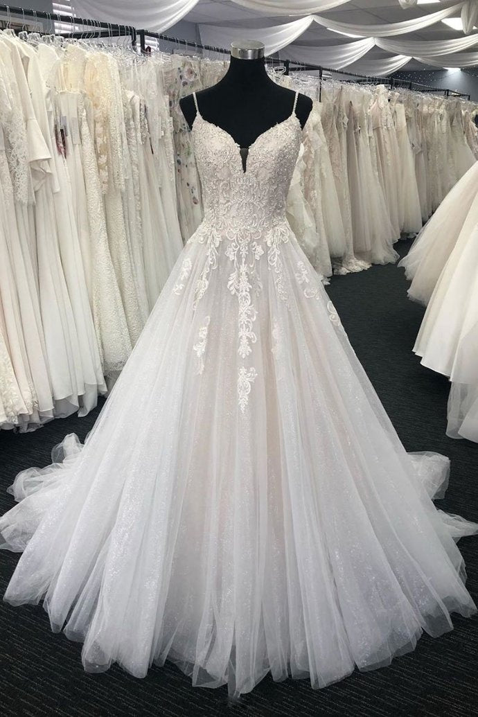 White Tulle Lace Long A-line Spaghetti Straps Wedding Dress