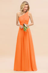 Elegant Orange A-line Chiffon Ruffles One Shoulder Long Bridesmaid Dress