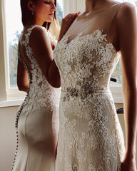 Classy Long Bateau Appliques Lace Floor Length Mermaid Wedding Dress