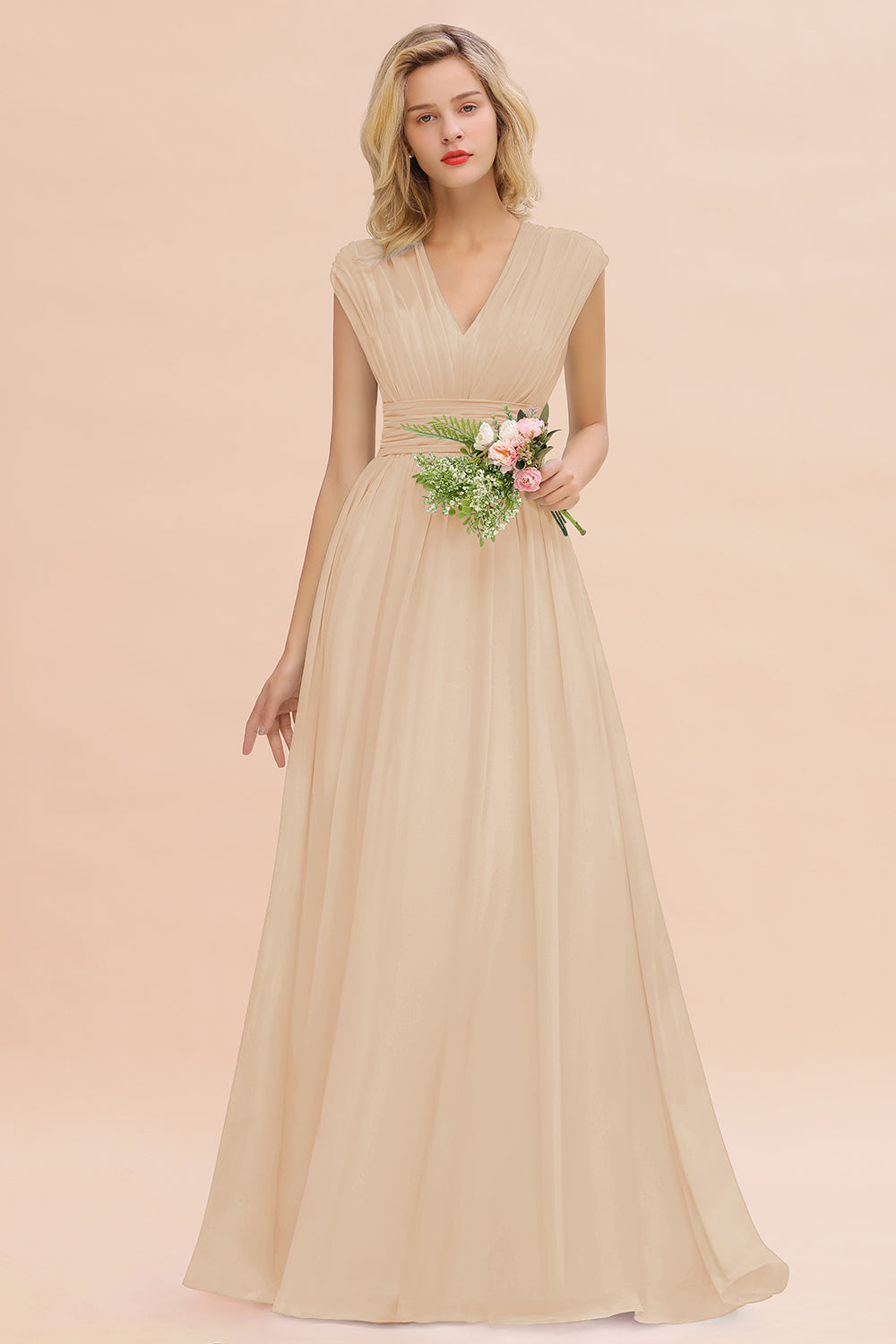 Chiffon V-Neck Sleeveless Elegant A-line Ruffles Bridesmaid Dress