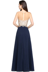 A-Line Chiffon Tulle Lace Scoop Sleeveless Floor Length Bridesmaid Dress with Beadings