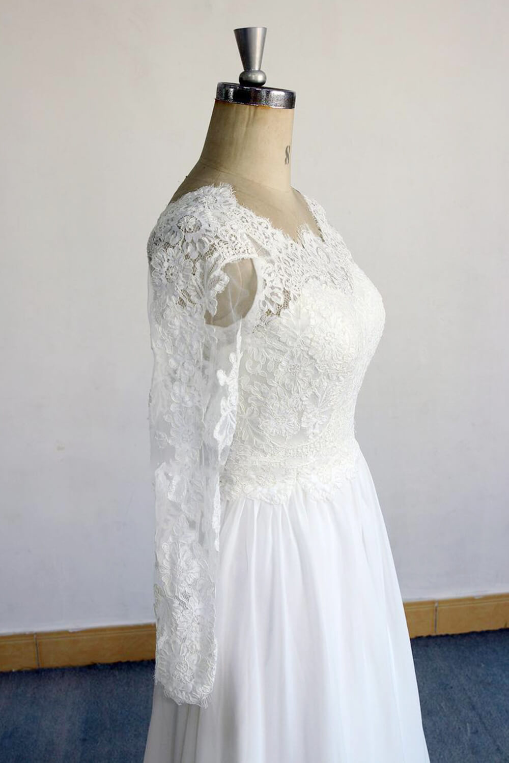 Long A-line Open Back Lace Chiffon Wedding Dress with Sleeves